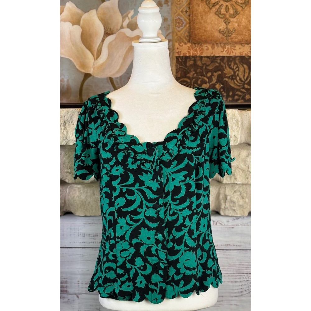 Maeve Anthropologie Green Black Damask Scalloped Button Front Blouse Size 10